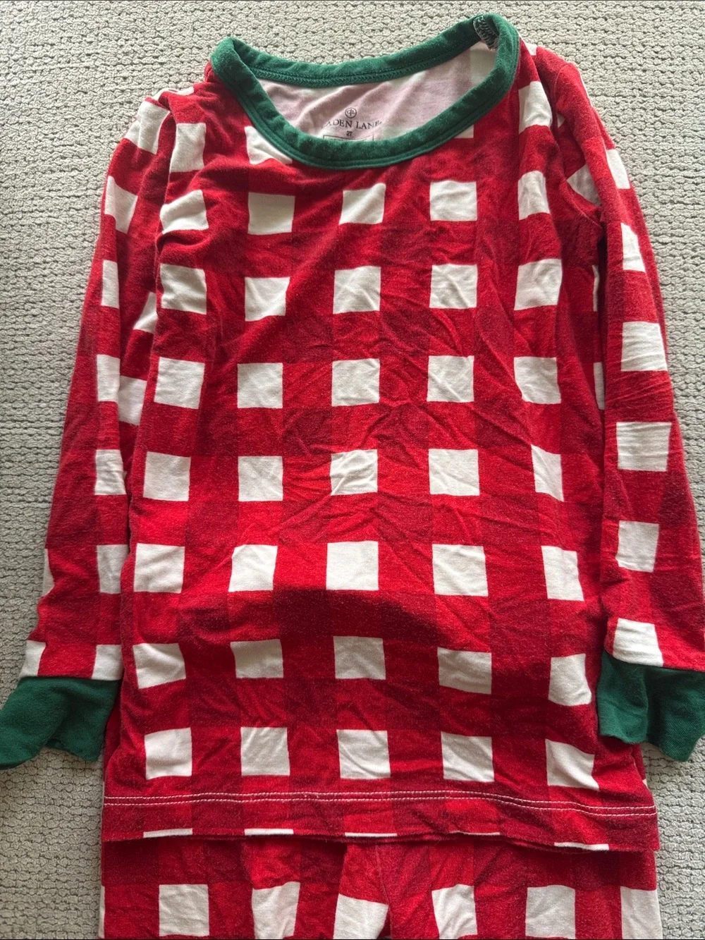 Caden Lane Red & White Checkered Kids Pajama Set with Green Trim